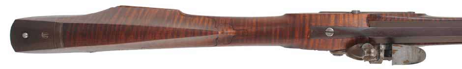 Lancaster Longrifle,
.40 caliber, 38" Getz swamped barrel,
Siler flintlock, curly maple, iron,
used, by J. Goodoien Lancaster Longrifle,
.40 caliber, 38" Getz swamped barrel,
Siler flintlock, curly maple, iron,
used, by J. Goodoien