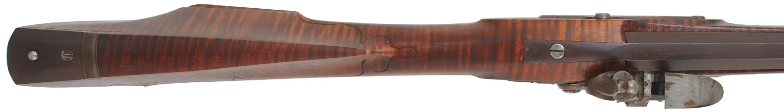 Lancaster Longrifle,
.40 caliber, 38" Getz swamped barrel,
Siler flintlock, curly maple, iron,
used, by J. Goodoien Lancaster Longrifle,
.40 caliber, 38" Getz swamped barrel,
Siler flintlock, curly maple, iron,
used, by J. Goodoien