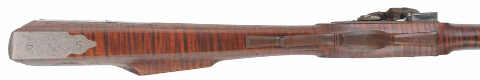 Lancaster Longrifle,
.40 caliber, 38" Getz swamped barrel,
Siler flintlock, curly maple, iron,
used, by J. Goodoien Lancaster Longrifle,
.40 caliber, 38" Getz swamped barrel,
Siler flintlock, curly maple, iron,
used, by J. Goodoien