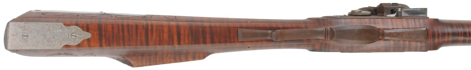 Lancaster Longrifle,
.40 caliber, 38" Getz swamped barrel,
Siler flintlock, curly maple, iron,
used, by J. Goodoien Lancaster Longrifle,
.40 caliber, 38" Getz swamped barrel,
Siler flintlock, curly maple, iron,
used, by J. Goodoien