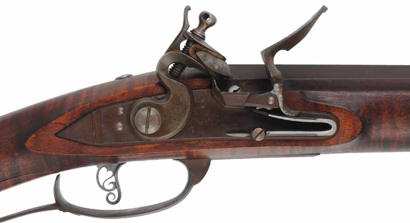 Lancaster Longrifle,
.40 caliber, 38" Getz swamped barrel,
Siler flintlock, curly maple, iron,
used, by J. Goodoien Lancaster Longrifle,
.40 caliber, 38" Getz swamped barrel,
Siler flintlock, curly maple, iron,
used, by J. Goodoien