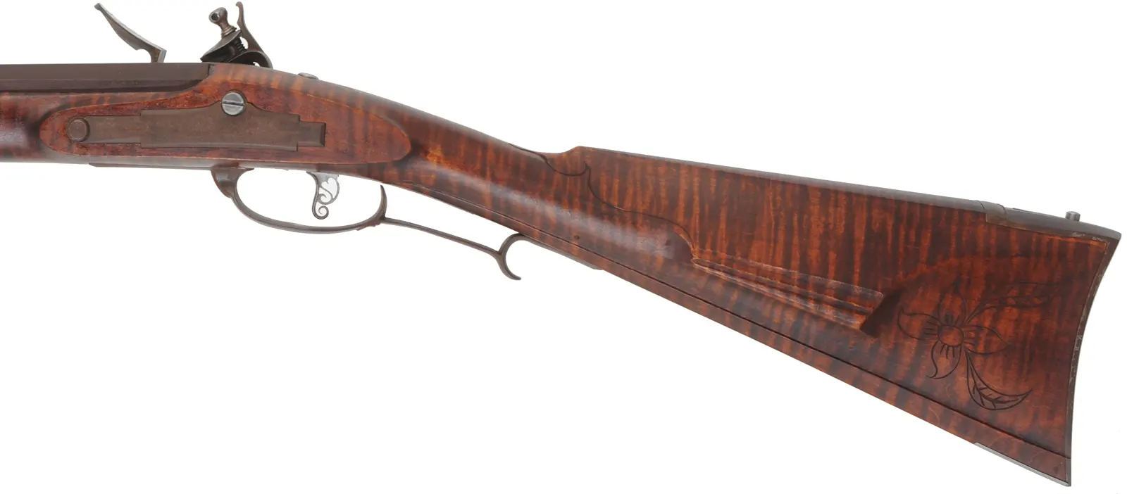 Lancaster Longrifle,
.40 caliber, 38" Getz swamped barrel,
Siler flintlock, curly maple, iron,
used, by J. Goodoien Lancaster Longrifle,
.40 caliber, 38" Getz swamped barrel,
Siler flintlock, curly maple, iron,
used, by J. Goodoien