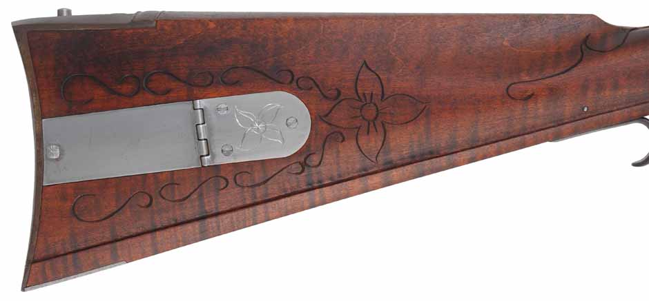 Lancaster Longrifle,
.40 caliber, 38" Getz swamped barrel,
Siler flintlock, curly maple, iron,
used, by J. Goodoien Lancaster Longrifle,
.40 caliber, 38" Getz swamped barrel,
Siler flintlock, curly maple, iron,
used, by J. Goodoien