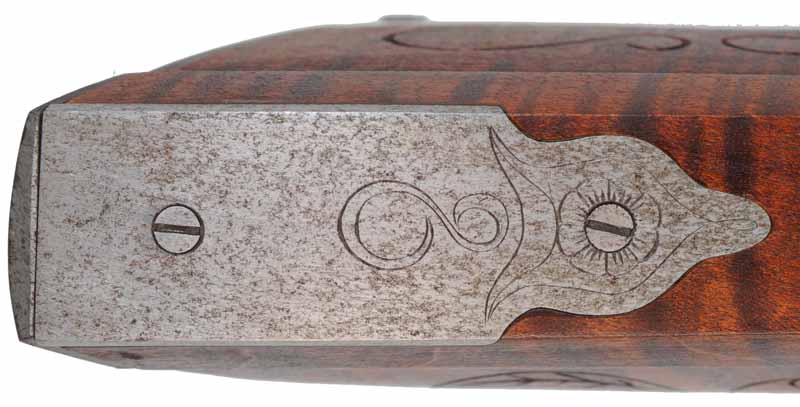 Lancaster Longrifle,
.40 caliber, 38" Getz swamped barrel,
Siler flintlock, curly maple, iron,
used, by J. Goodoien Lancaster Longrifle,
.40 caliber, 38" Getz swamped barrel,
Siler flintlock, curly maple, iron,
used, by J. Goodoien