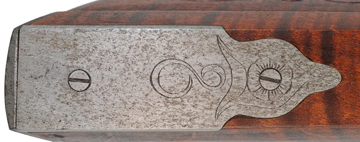 Lancaster Longrifle,
.40 caliber, 38" Getz swamped barrel,
Siler flintlock, curly maple, iron,
used, by J. Goodoien Lancaster Longrifle,
.40 caliber, 38" Getz swamped barrel,
Siler flintlock, curly maple, iron,
used, by J. Goodoien