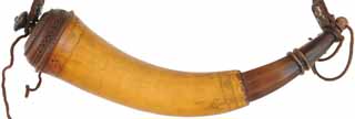 Powder Horn,
12-1/2" with carved base,
scrimshaw accents, leather strap with brass buckle,
used, signed by R. Scott Moore