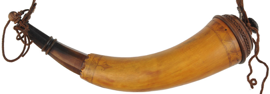 Powder Horn,
12-1/2" with carved base,
scrimshaw accents, leather strap with brass buckle,
used, signed by R. Scott Moore