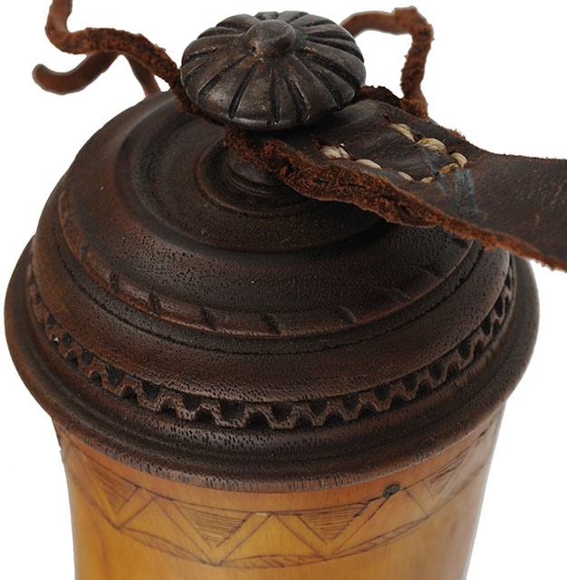 Powder Horn,
12-1/2" with carved base,
scrimshaw accents, leather strap with brass buckle,
used, signed by R. Scott Moore