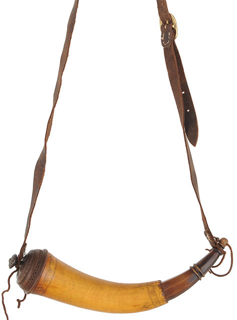 Powder Horn,
12-1/2" with carved base,
scrimshaw accents, leather strap with brass buckle,
used, signed by R. Scott Moore