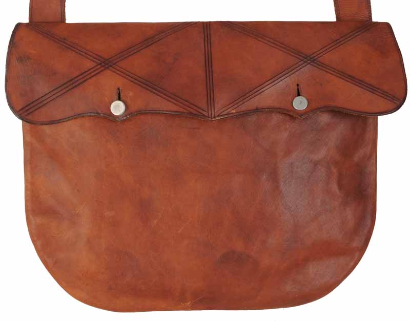 Large Leather Haversack,
15-1/2" wide by 12-3/4" tall,
brown leather, neatly hand sewn 