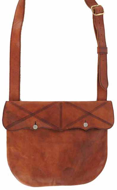 Large Leather Haversack,
15-1/2" wide by 12-3/4" tall,
brown leather, neatly hand sewn 
