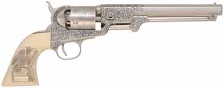 Presentation Engraved 1851 Colt Navy Revolver, 
Wild Bill Hickok Commemorative,
.36 caliber, 7-1/2" barrel, 
nickel plated, engraved, faux ivory grips,
as-new, cased, by The American Historical Foundation