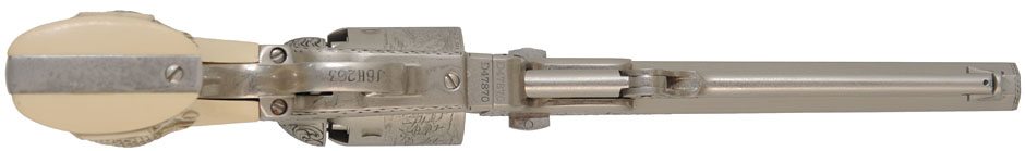 Presentation Engraved 1851 Colt Navy Revolver, 
Wild Bill Hickok Commemorative,
.36 caliber, 7-1/2" barrel, 
nickel plated, engraved, faux ivory grips,
as-new, cased, by The American Historical Foundation