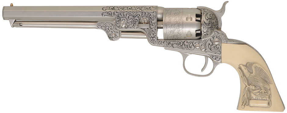 Presentation Engraved 1851 Colt Navy Revolver, 
Wild Bill Hickok Commemorative,
.36 caliber, 7-1/2" barrel, 
nickel plated, engraved, faux ivory grips,
as-new, cased, by The American Historical Foundation