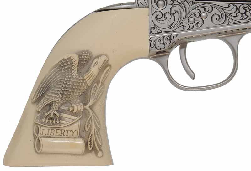 Presentation Engraved 1851 Colt Navy Revolver, 
Wild Bill Hickok Commemorative,
.36 caliber, 7-1/2" barrel, 
nickel plated, engraved, faux ivory grips,
as-new, cased, by The American Historical Foundation