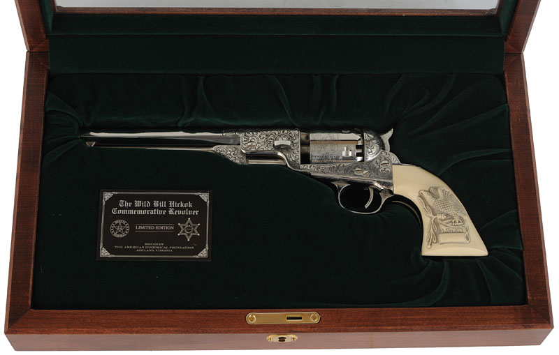 Presentation Engraved 1851 Colt Navy Revolver, 
Wild Bill Hickok Commemorative,
.36 caliber, 7-1/2" barrel, 
nickel plated, engraved, faux ivory grips,
as-new, cased, by The American Historical Foundation