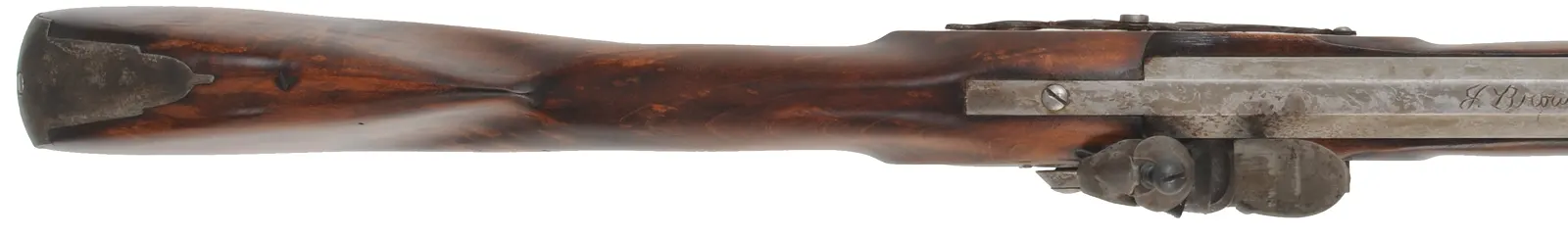 Tulle Fusil de Chase,
20 gauge, 42" octagon-to-round barrel,
L&R flint lock, maple, iron trim,
used, patina finish, by Jackie Brown
