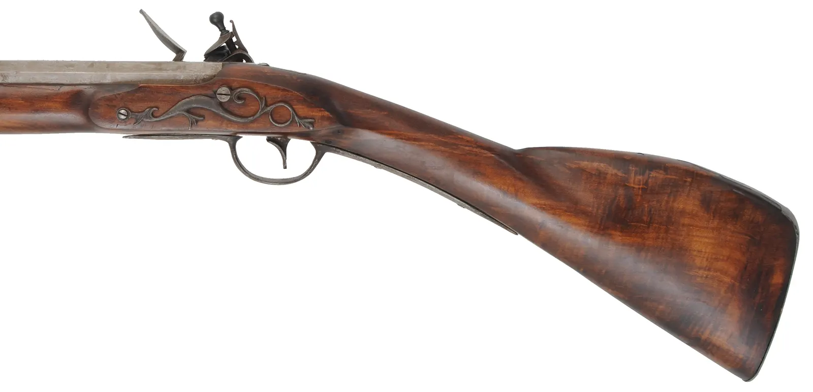 Tulle Fusil de Chase,
20 gauge, 42" octagon-to-round barrel,
L&R flint lock, maple, iron trim,
used, patina finish, by Jackie Brown
