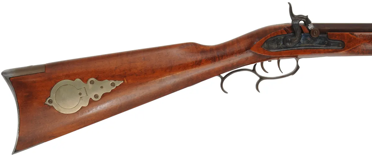 CVA Mountain Rifle,
.50 caliber, 32" barrel,
percussion, maple, iron furniture with silver accents,
early production ~ made in USA,
assembled from a kit, used, by Connecticut Valley Arms CVA Mountain Rifle,
.50 caliber, 32" barrel,
percussion, maple, iron furniture with silver accents,
early production ~ made in USA,
assembled from a kit, used, by Connecticut Valley Arms