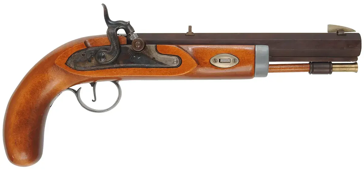 C.V.A. Mountain Pistol
.50 caliber, 9" barrel,
percussion, beech, iron trim, belt hook,
used, from a kit, by Connecticut Valley Arms C.V.A. Mountain Pistol
.50 caliber, 9" barrel,
percussion, beech, iron trim, belt hook,
used, from a kit, by Connecticut Valley Arms