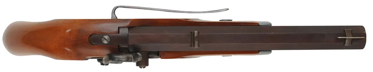 C.V.A. Mountain Pistol
.50 caliber, 9" barrel,
percussion, beech, iron trim, belt hook,
used, from a kit, by Connecticut Valley Arms C.V.A. Mountain Pistol
.50 caliber, 9" barrel,
percussion, beech, iron trim, belt hook,
used, from a kit, by Connecticut Valley Arms
