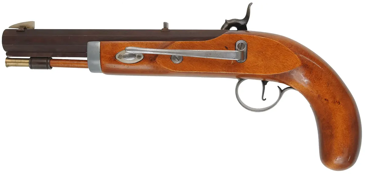 C.V.A. Mountain Pistol
.50 caliber, 9" barrel,
percussion, beech, iron trim, belt hook,
used, from a kit, by Connecticut Valley Arms C.V.A. Mountain Pistol
.50 caliber, 9" barrel,
percussion, beech, iron trim, belt hook,
used, from a kit, by Connecticut Valley Arms