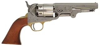 Model 1851 Navy Revolver,
.44 caliber, 5" barrel, 
percussion, laser engraved polished steel, 
used, by Pietta