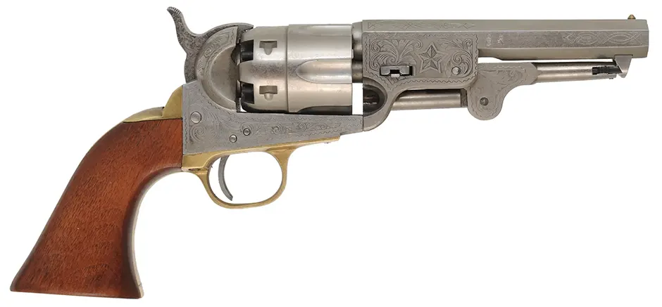 Model 1851 Navy Revolver,
.44 caliber, 5" barrel,
percussion, laser engraved polished steel,
used, by Pietta Model 1851 Navy Revolver,
.44 caliber, 5" barrel,
percussion, laser engraved polished steel,
used, by Pietta