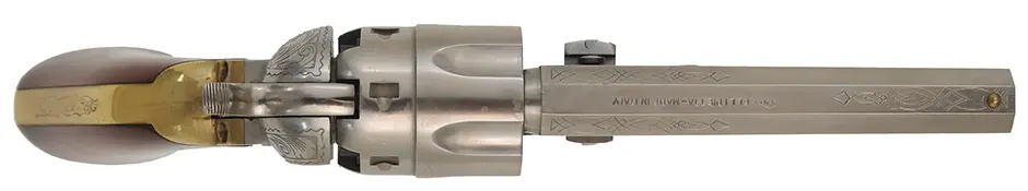 Model 1851 Navy Revolver,
.44 caliber, 5" barrel,
percussion, laser engraved polished steel,
used, by Pietta Model 1851 Navy Revolver,
.44 caliber, 5" barrel,
percussion, laser engraved polished steel,
used, by Pietta
