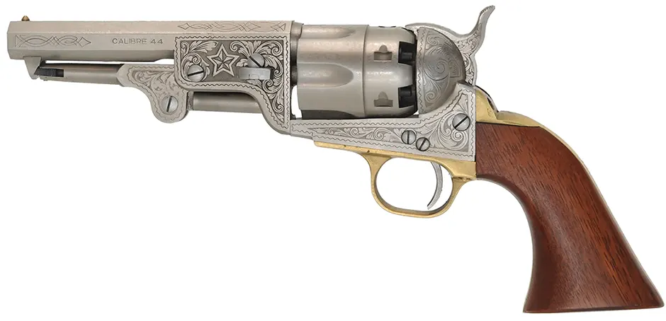 Model 1851 Navy Revolver,
.44 caliber, 5" barrel,
percussion, laser engraved polished steel,
used, by Pietta Model 1851 Navy Revolver,
.44 caliber, 5" barrel,
percussion, laser engraved polished steel,
used, by Pietta
