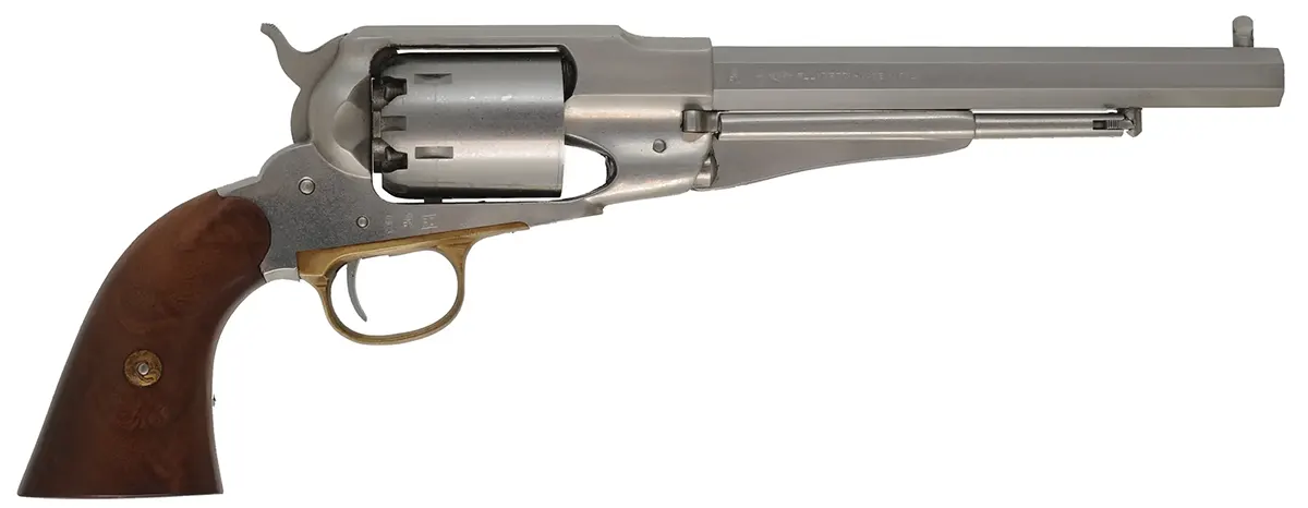 1858 Remington New Model Army Revolver,
.44 caliber, 8" barrel, 
percussion, walnut, nickel plated brass frame,  
used, by FAP ~ Pietta