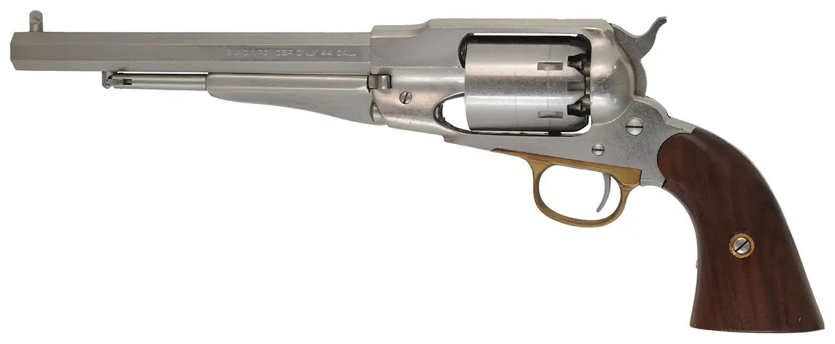1858 Remington New Model Army Revolver,
.44 caliber, 8" barrel, 
percussion, walnut, nickel plated brass frame,  
used, by FAP ~ Pietta