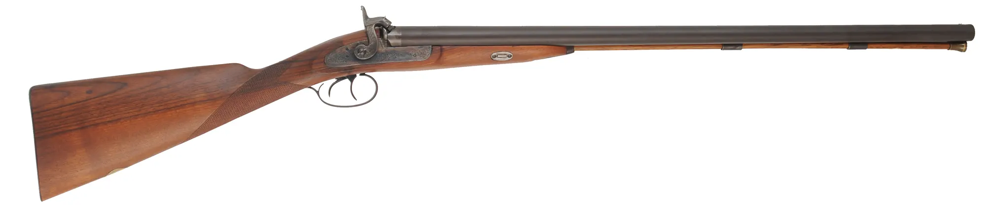 Double Barrel Shotgun,
12 gauge, 28" barrels,
percussion, checkered walnut, iron,
used by Pietta for Navy Arms Co. Double Barrel Shotgun,
12 gauge, 28" barrels,
percussion, checkered walnut, iron,
used by Pietta for Navy Arms Co.