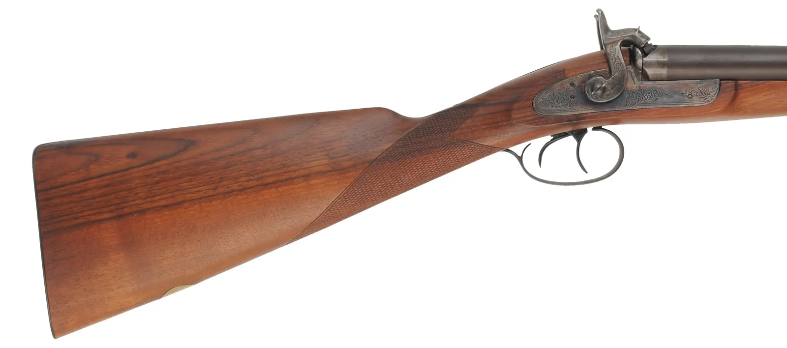 Double Barrel Shotgun,
12 gauge, 28" barrels,
percussion, checkered walnut, iron,
used by Pietta for Navy Arms Co. Double Barrel Shotgun,
12 gauge, 28" barrels,
percussion, checkered walnut, iron,
used by Pietta for Navy Arms Co.