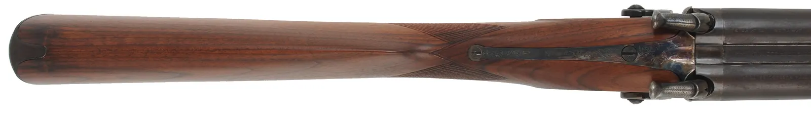 Double Barrel Shotgun,
12 gauge, 28" barrels,
percussion, checkered walnut, iron,
used by Pietta for Navy Arms Co. Double Barrel Shotgun,
12 gauge, 28" barrels,
percussion, checkered walnut, iron,
used by Pietta for Navy Arms Co.