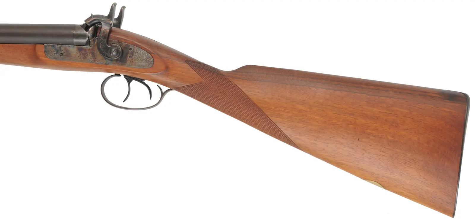 Double Barrel Shotgun,
12 gauge, 28" barrels,
percussion, checkered walnut, iron,
used by Pietta for Navy Arms Co. Double Barrel Shotgun,
12 gauge, 28" barrels,
percussion, checkered walnut, iron,
used by Pietta for Navy Arms Co.
