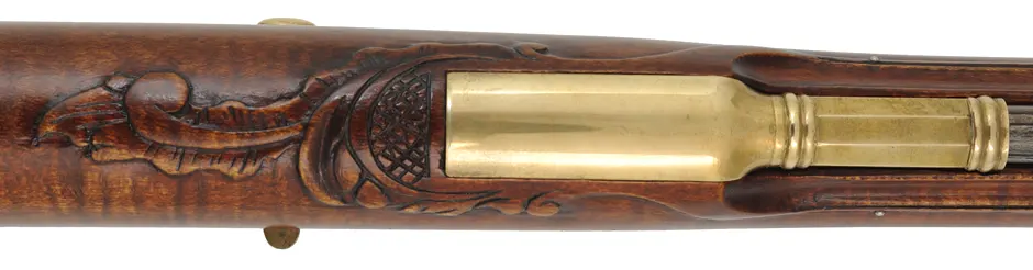 Lancaster County, Pennsylvania Longrifle,
.54 caliber, 38" Rice swamped octagon barrel,
Chambers flint lock, curly maple, brass trim,
new, unfired, by J. Bohan