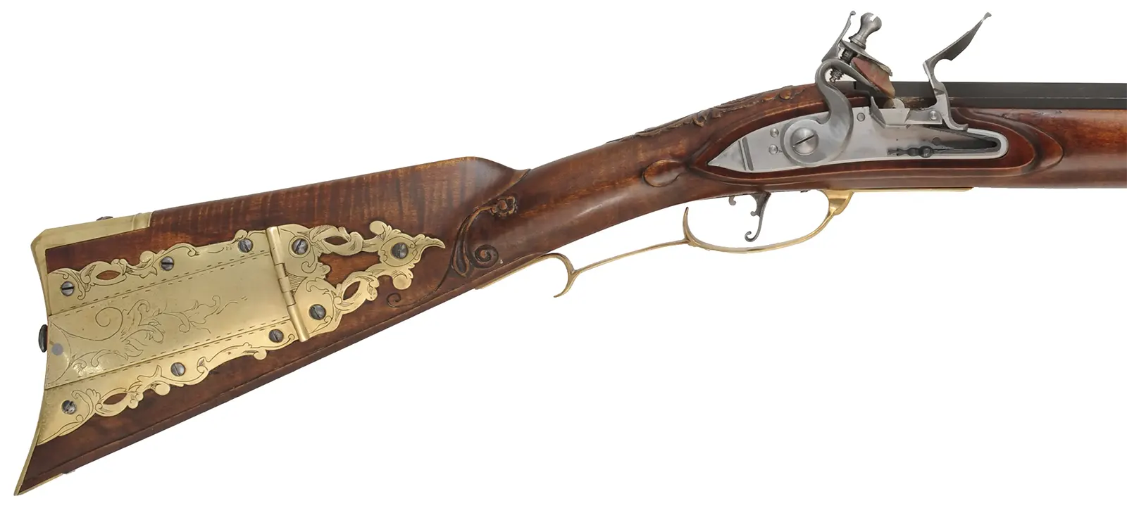 Lancaster County, Pennsylvania Longrifle,
.54 caliber, 38" Rice swamped octagon barrel,
Chambers flint lock, curly maple, brass trim,
new, unfired, by J. Bohan