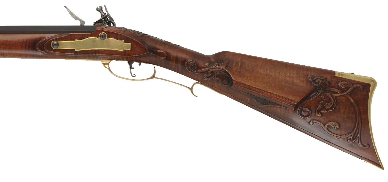 Lancaster County, Pennsylvania Longrifle,
.54 caliber, 38" Rice swamped octagon barrel,
Chambers flint lock, curly maple, brass trim,
new, unfired, by J. Bohan