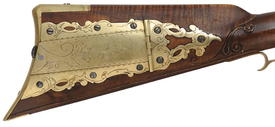 Lancaster County, Pennsylvania Longrifle,
.54 caliber, 38" Rice swamped octagon barrel,
Chambers flint lock, curly maple, brass trim,
new, unfired, by J. Bohan