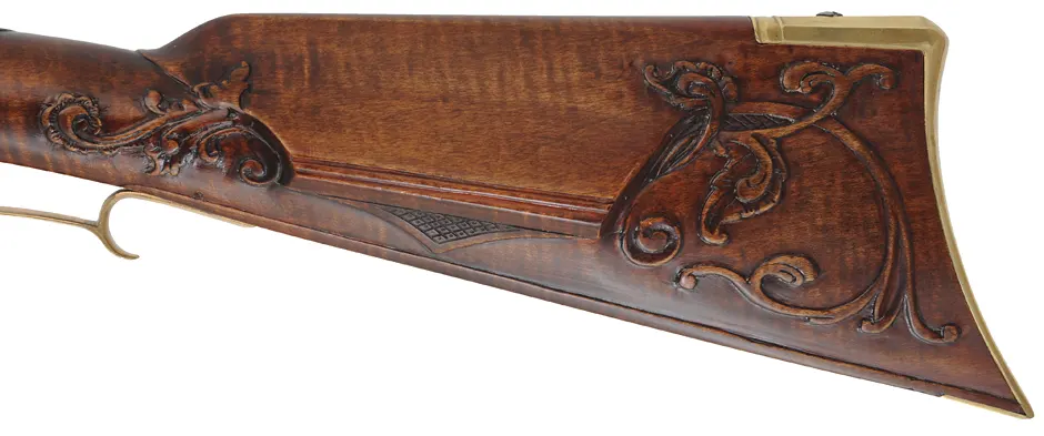 Lancaster County, Pennsylvania Longrifle,
.54 caliber, 38" Rice swamped octagon barrel,
Chambers flint lock, curly maple, brass trim,
new, unfired, by J. Bohan