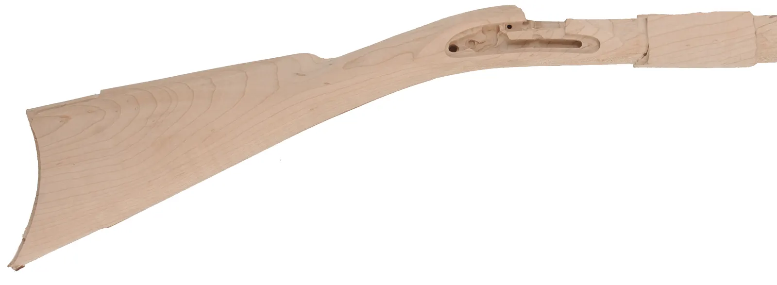 Stock Second Early Hawken Fullstock, pre-shaped stock, pre-inlet,
1" octagon, 42" barrel, L&R late English lock, maple M3, gouge in forearm