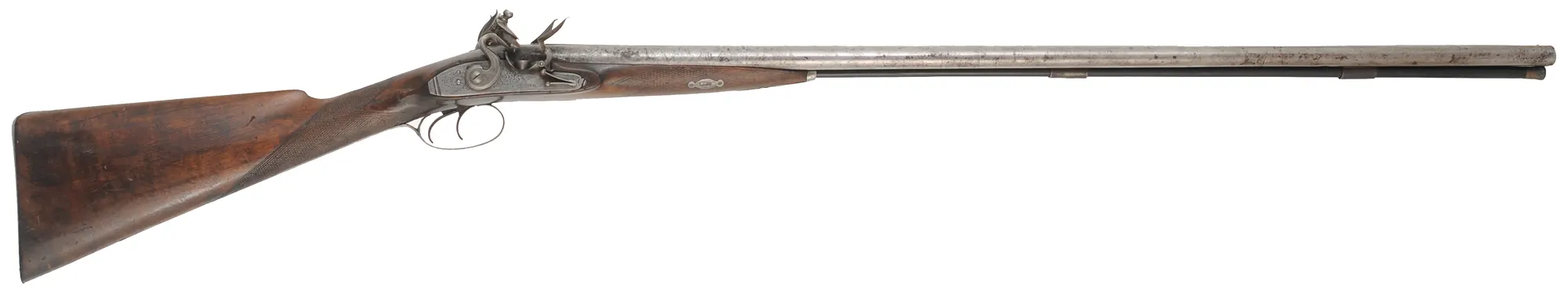 Antique Double Shotgun,
24 gauge, 36" Damascus barrels,
walnut, iron trim, flintlocks marked E & W Bond Antique Double Shotgun,
24 gauge, 36" Damascus barrels,
walnut, iron trim, flintlocks marked E & W Bond