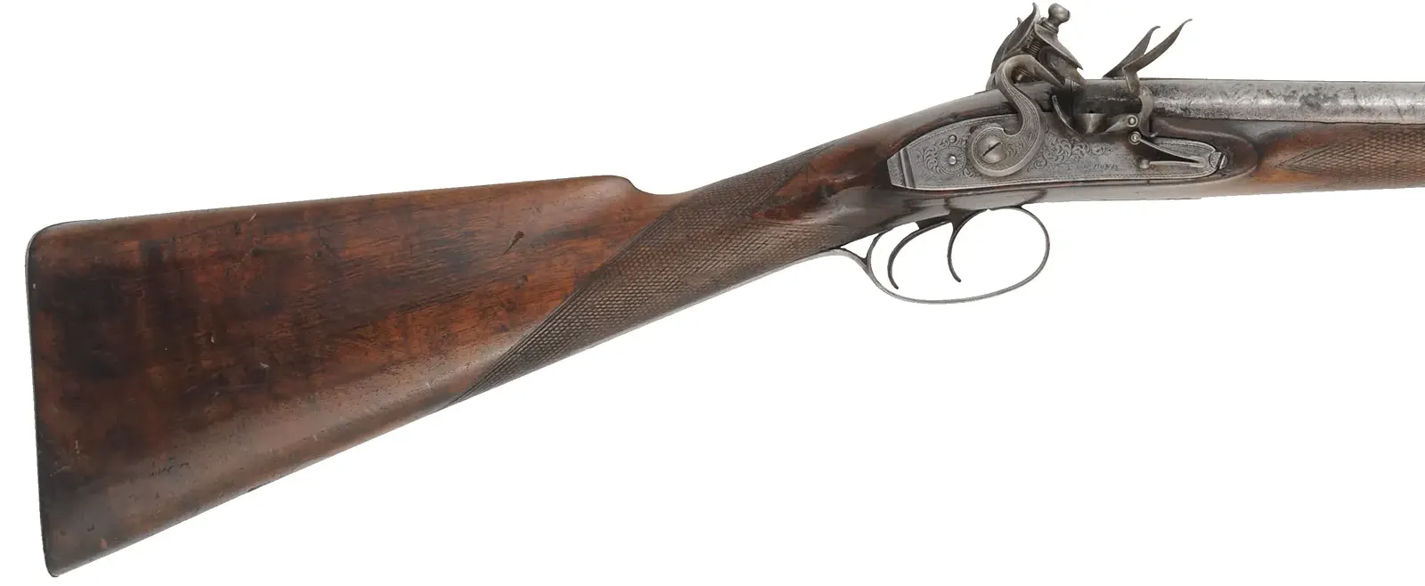 Antique Double Shotgun,
24 gauge, 36" Damascus barrels,
walnut, iron trim, flintlocks marked E & W Bond Antique Double Shotgun,
24 gauge, 36" Damascus barrels,
walnut, iron trim, flintlocks marked E & W Bond