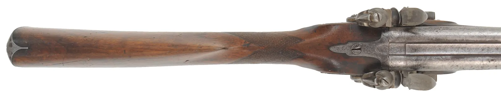 Antique Double Shotgun,
24 gauge, 36" Damascus barrels,
walnut, iron trim, flintlocks marked E & W Bond Antique Double Shotgun,
24 gauge, 36" Damascus barrels,
walnut, iron trim, flintlocks marked E & W Bond