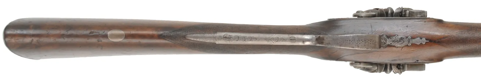 Antique Double Shotgun,
24 gauge, 36" Damascus barrels,
walnut, iron trim, flintlocks marked E & W Bond Antique Double Shotgun,
24 gauge, 36" Damascus barrels,
walnut, iron trim, flintlocks marked E & W Bond