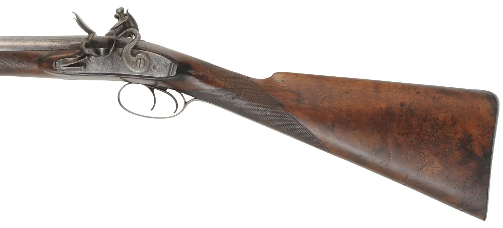 Antique Double Shotgun,
24 gauge, 36" Damascus barrels,
walnut, iron trim, flintlocks marked E & W Bond Antique Double Shotgun,
24 gauge, 36" Damascus barrels,
walnut, iron trim, flintlocks marked E & W Bond