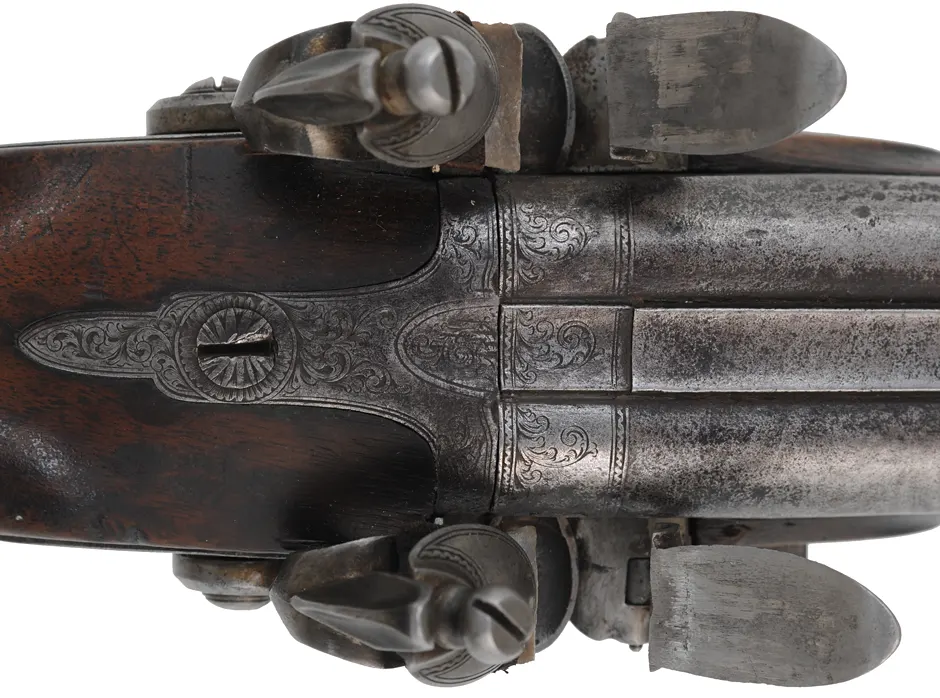Antique Double Shotgun,
24 gauge, 36" Damascus barrels,
walnut, iron trim, flintlocks marked E & W Bond Antique Double Shotgun,
24 gauge, 36" Damascus barrels,
walnut, iron trim, flintlocks marked E & W Bond