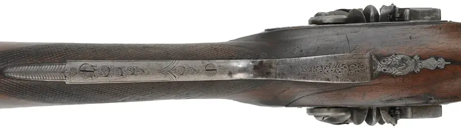 Antique Double Shotgun,
24 gauge, 36" Damascus barrels,
walnut, iron trim, flintlocks marked E & W Bond Antique Double Shotgun,
24 gauge, 36" Damascus barrels,
walnut, iron trim, flintlocks marked E & W Bond
