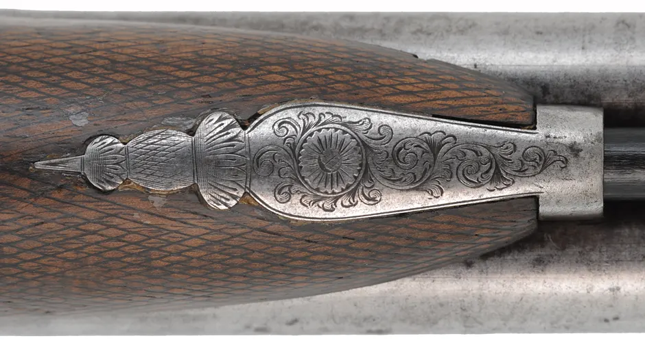 Antique Double Shotgun,
24 gauge, 36" Damascus barrels,
walnut, iron trim, flintlocks marked E & W Bond Antique Double Shotgun,
24 gauge, 36" Damascus barrels,
walnut, iron trim, flintlocks marked E & W Bond
